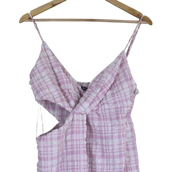 Zara Mini Dress Womens M Pink Plaid Sleeveless Cutout Y2K Seersucker Coquette - Picture 4 of 7